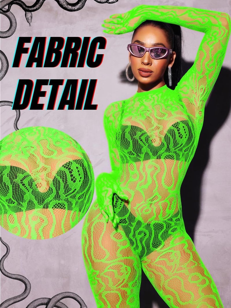 EHSUYAB Women Sexy Fishnet Full Bodysuit, Mesh Lace Poster Jumpsuit Glow Party Rave Outfits, Body Stockings Halloween Costume - Image 4